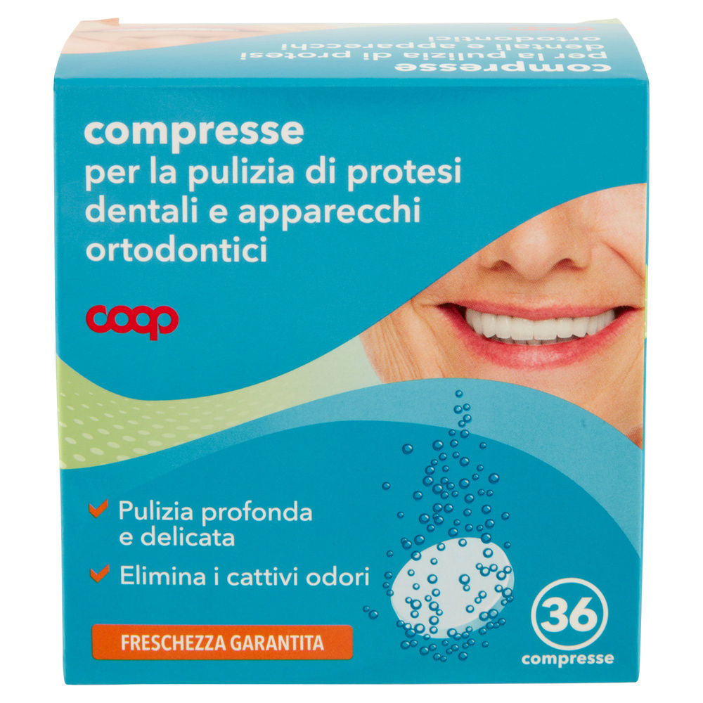 COMPRESSE PER PULIZIA PROTESI DENTALI E APPARECCHI ORTODONTICI COOP PZ 36 - 5