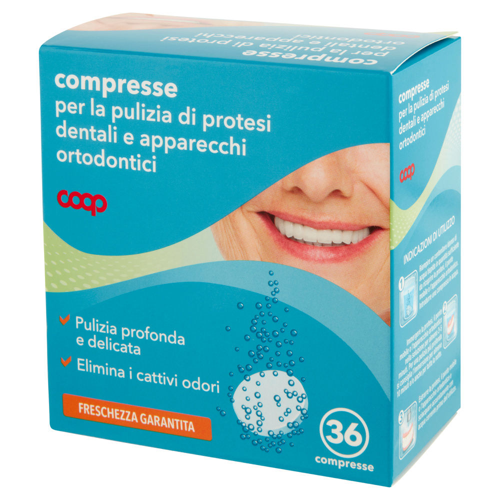 COMPRESSE PER PULIZIA PROTESI DENTALI E APPARECCHI ORTODONTICI COOP PZ 36 - 8