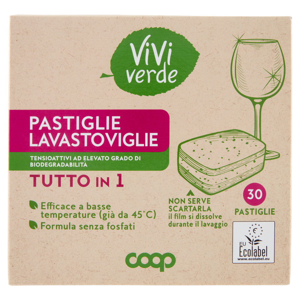 DETERSIVO LAVASTOVIGLIE COOP VIVI VERDE TUTTO IN 1 8 FUNZ. SCATOLA PZ.30G.480 - 0