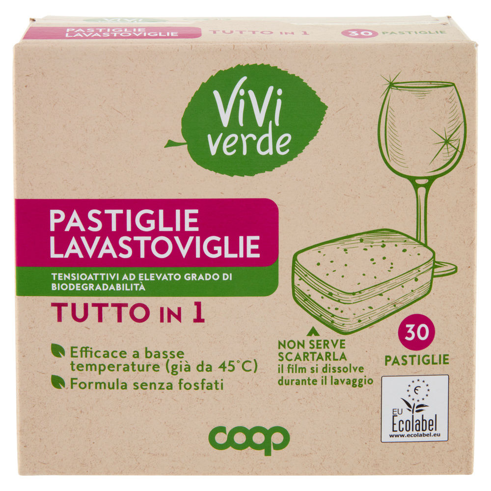 DETERSIVO LAVASTOVIGLIE COOP VIVI VERDE TUTTO IN 1 8 FUNZ. SCATOLA PZ.30G.480 - 7