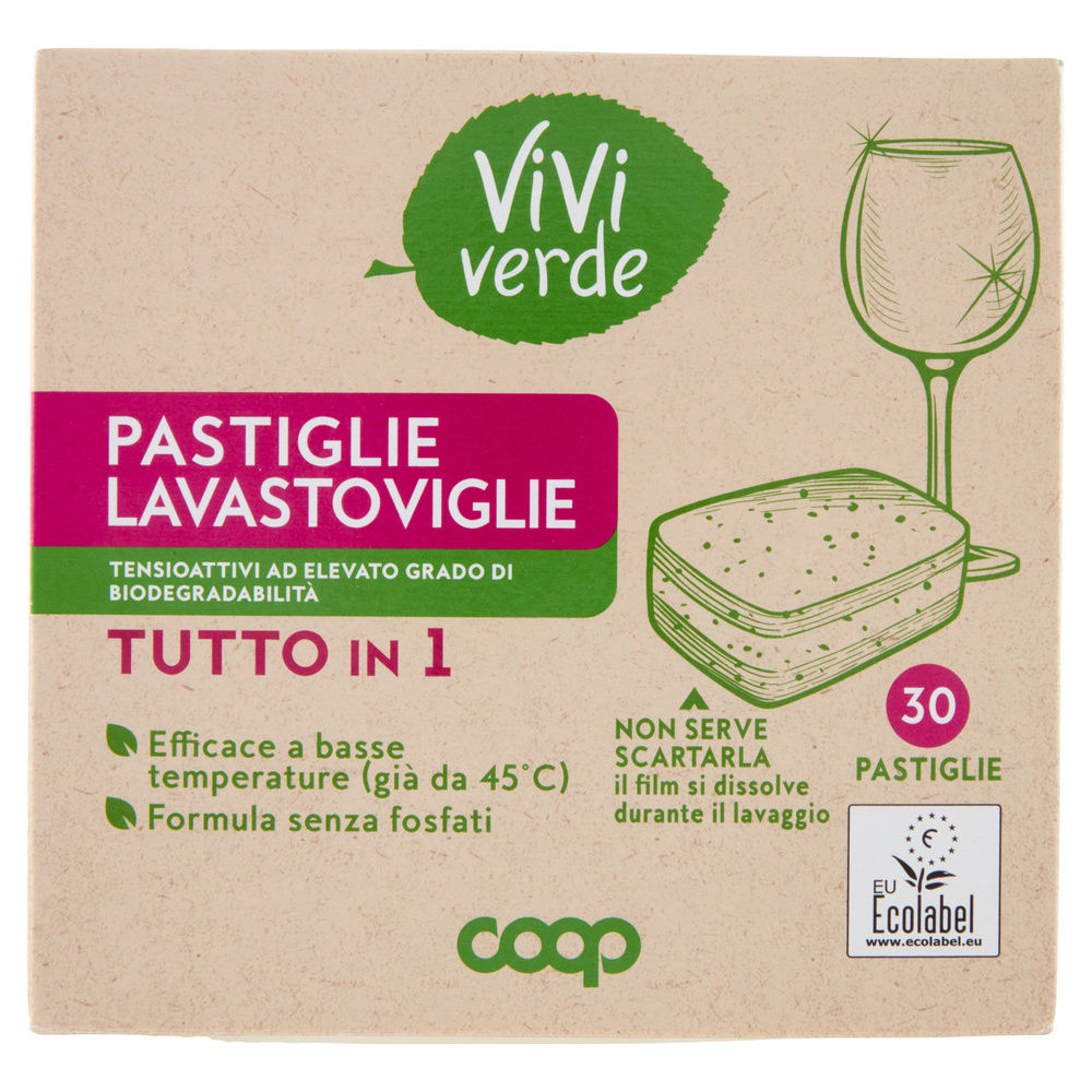 DETERSIVO LAVASTOVIGLIE COOP VIVI VERDE TUTTO IN 1 8 FUNZ. SCATOLA PZ.30G.480 - 2