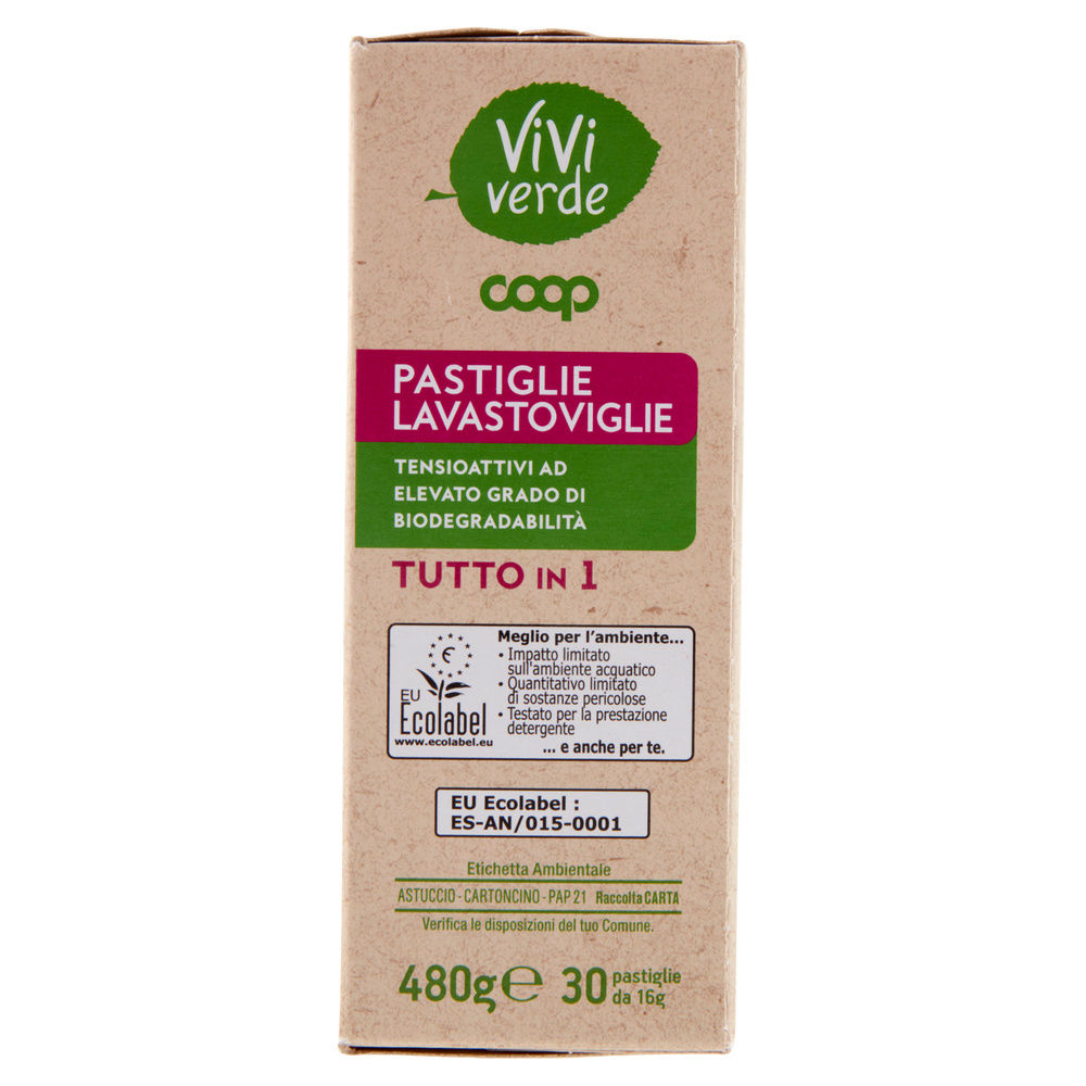 DETERSIVO LAVASTOVIGLIE COOP VIVI VERDE TUTTO IN 1 8 FUNZ. SCATOLA PZ.30G.480 - 4