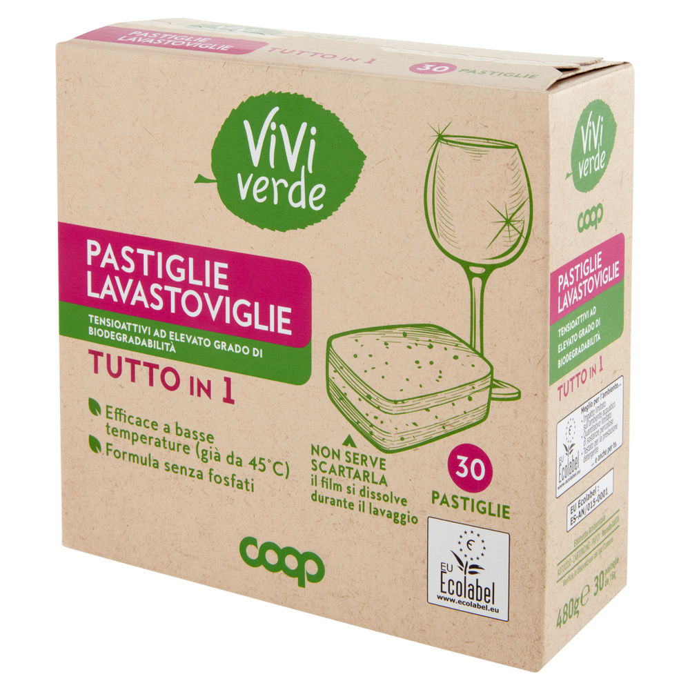 DETERSIVO LAVASTOVIGLIE COOP VIVI VERDE TUTTO IN 1 8 FUNZ. SCATOLA PZ.30G.480 - 6