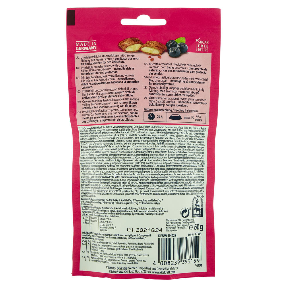 SNACK GATTO CRISPY CRUNCH, ANATRA+B.D.ARONIA, VITAKRAFT 60G, - 1