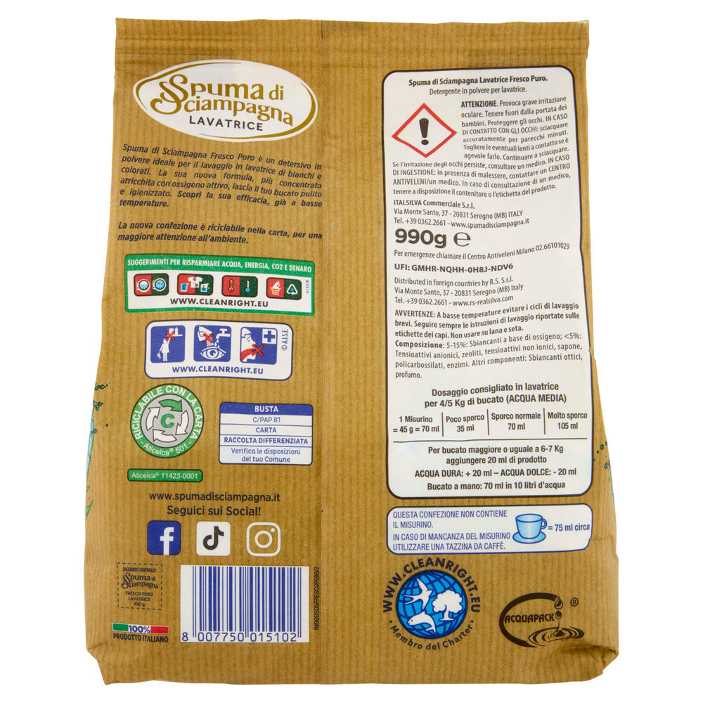 DETERSIVO LAVATRICE IN POLVERE SPUMA DI SCIAMPAGNA FRESCO 22LAV KG 0,99 - 1