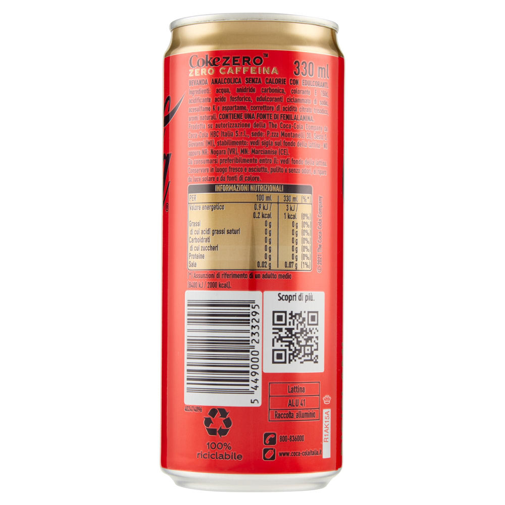 COCA COLA ZERO ZUCCHERI SENZA CAFFEINA LATTINA ML 330 - 1