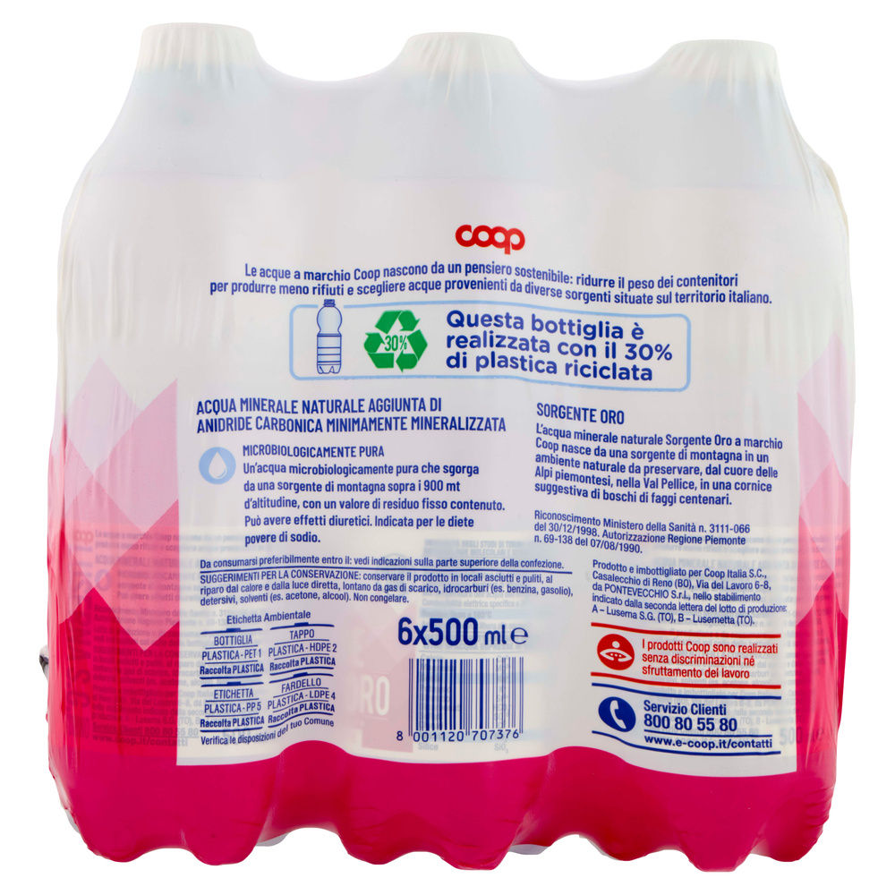 ACQUA LEGGERMENTE FRIZZANTE COOP ORO 30% RPET CLUSTER ML 500 X 6 - 1