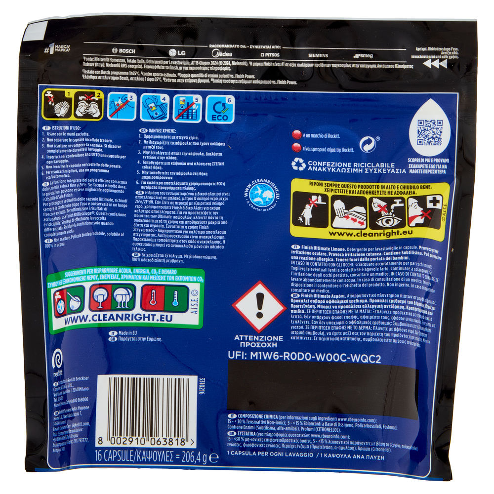 DETERSIVO LAVASTOVIGLIE FINISH TABS ULTIMATE LEMON PZ 16 G. 206,4 - 1