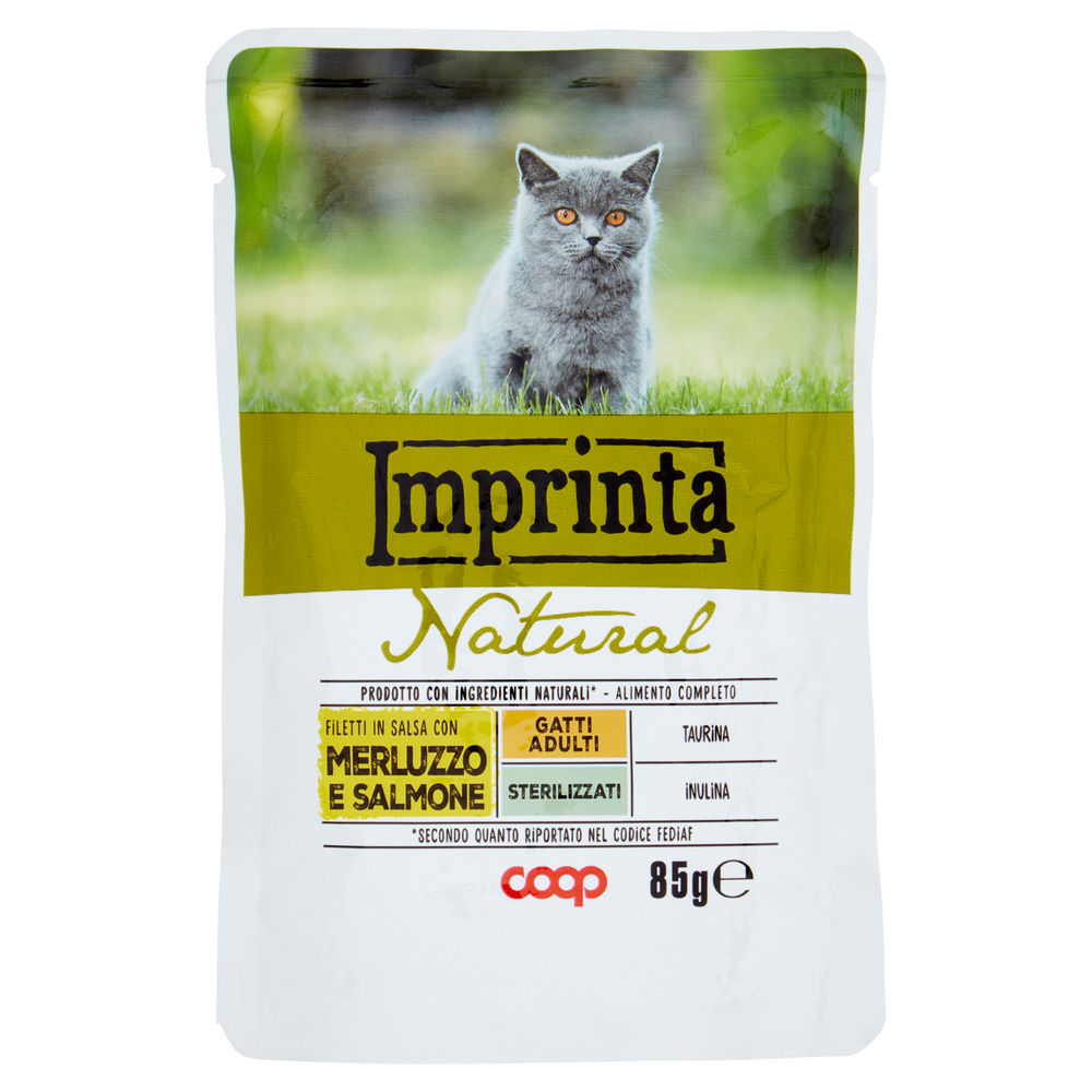 Umido gatto filetti naturali per gatti ster.salmone/merluzzo imprinta coop g85