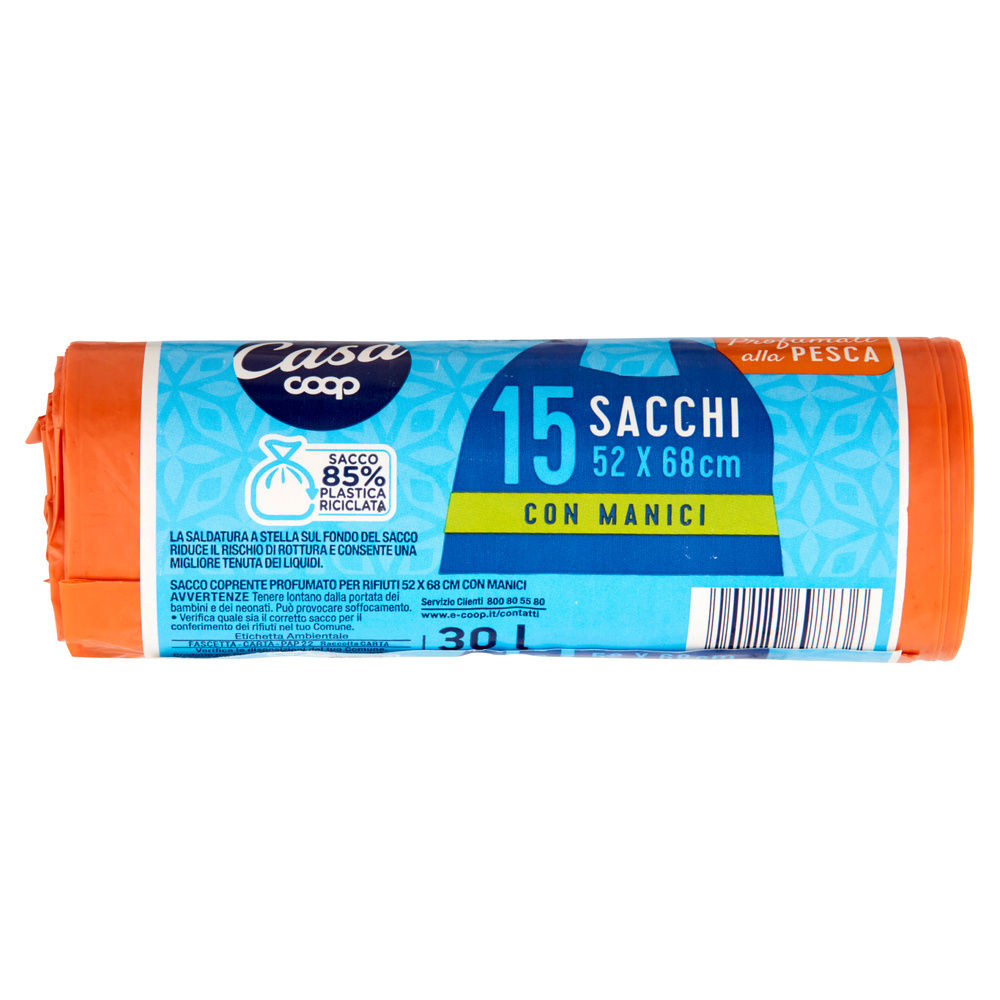 SACCHI NETTEZZA PROFUMATI CON MANIGLIA COOP CASA 52X68 30 L PROFUMO PESCA PZ.15 - 6