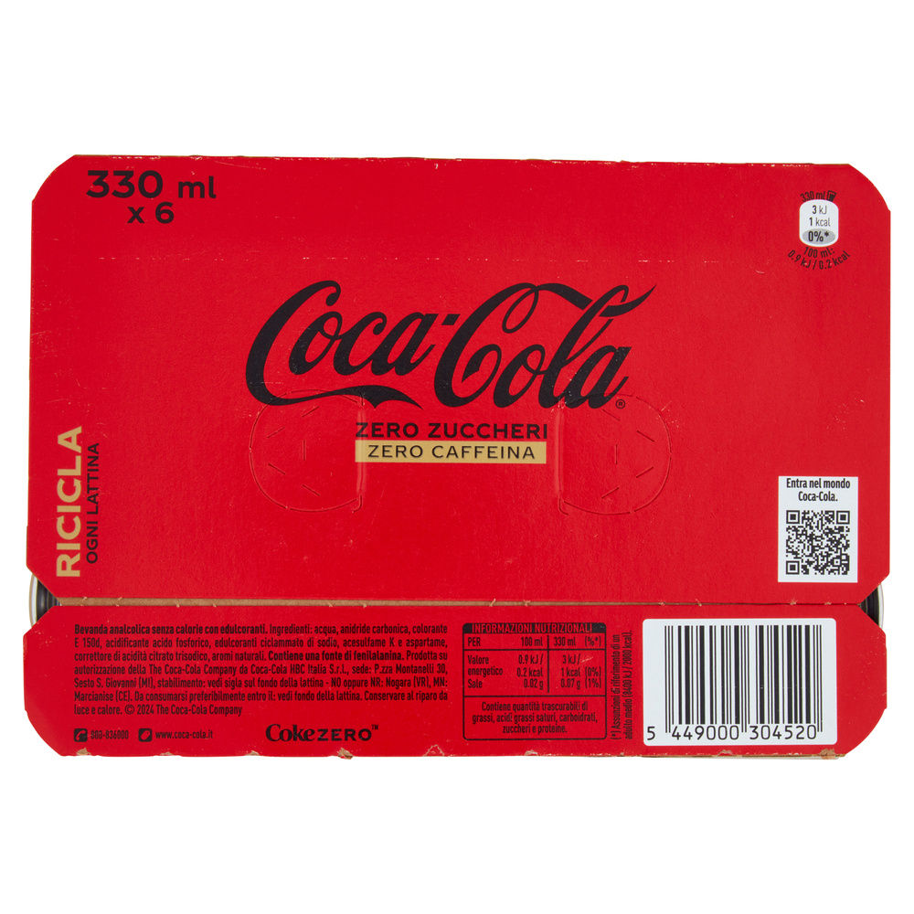 COCA COLA ZERO SENZA CAFFEINA CLUSTER LATTINA ML 330 X 6 - 4