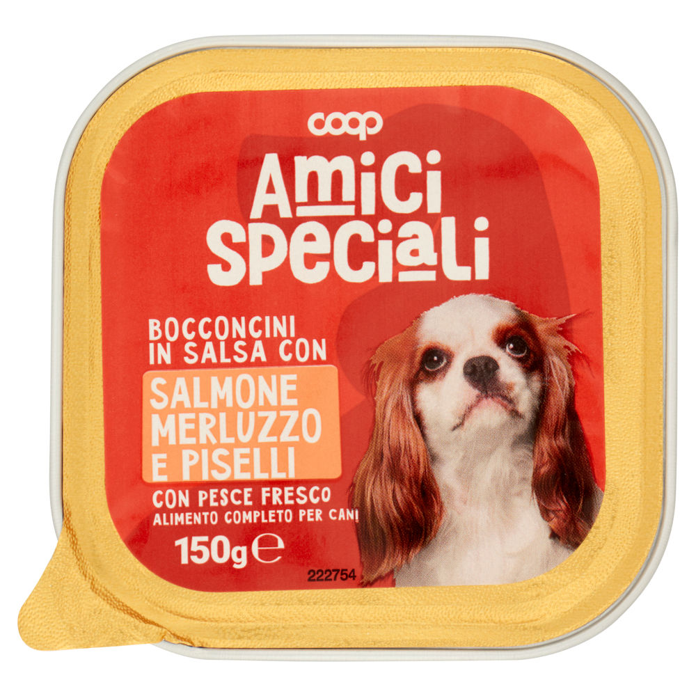 Umido cane bocconcini cane salm/merl/piselli amici speciali coop vaschetta 150g