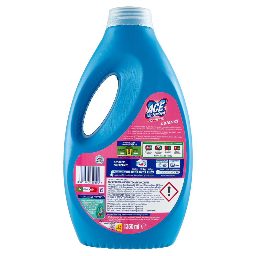 DETERSIVO LAVATRICE LIQUIDO ACE COLORATI IGIENIZZANTE 27LAV L 1,35 - 1