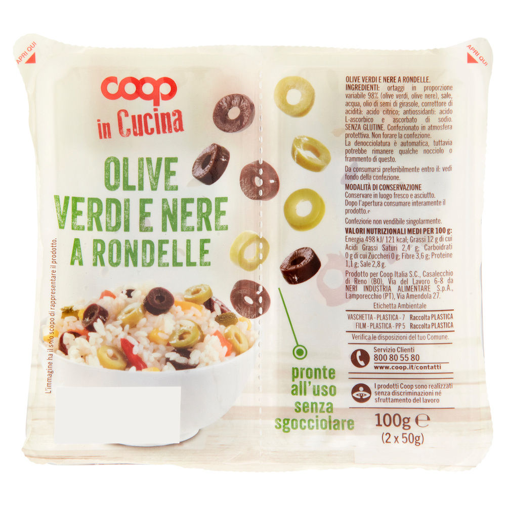 Olive verdi e nere a rondelle senza liquido coop in cucina g 50 x 2 g 100