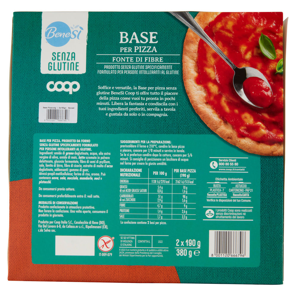 BASE PIZZA SENZA GLUTINE BENE SI' COOP G 380 G 2X190 - 1