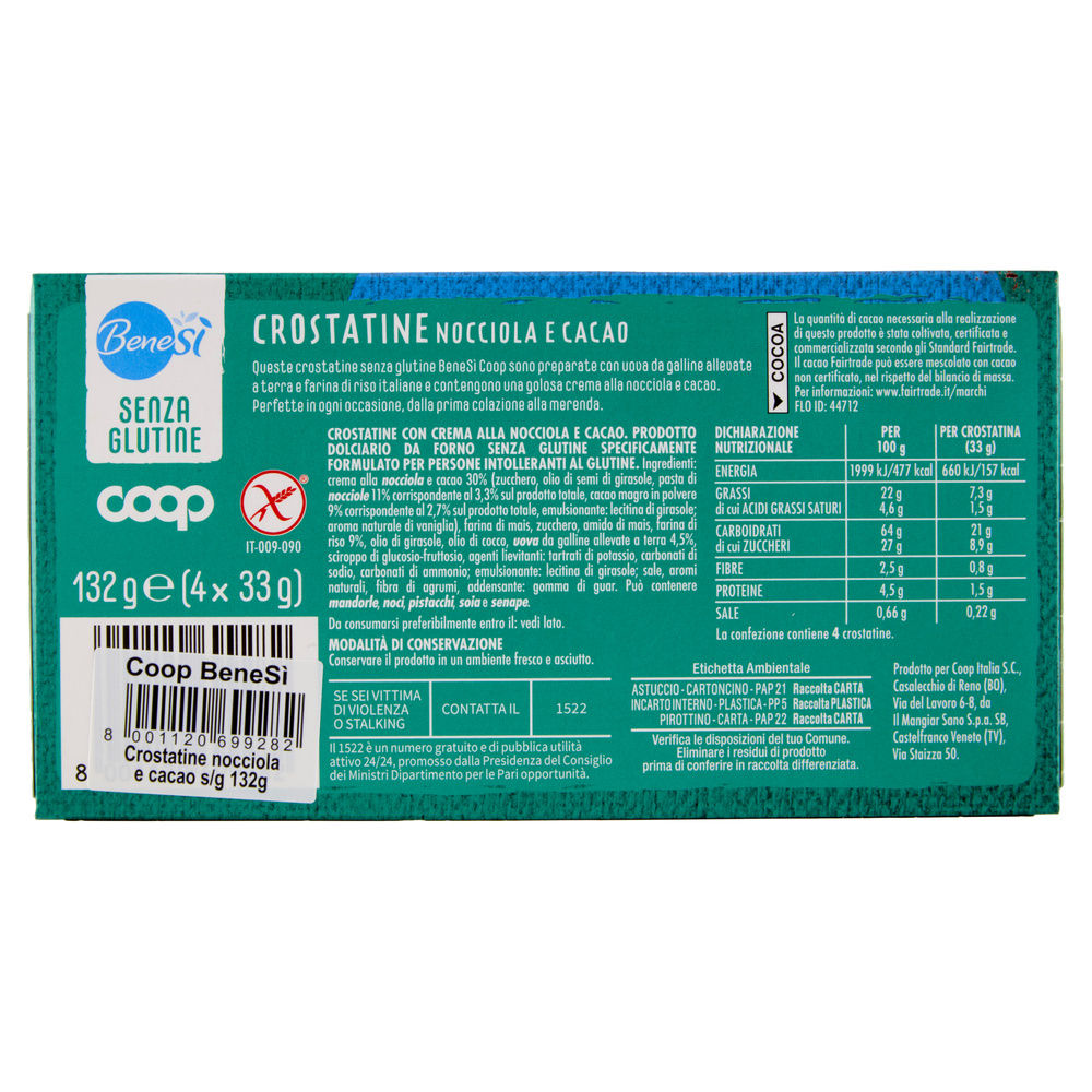 CROSTATINE SENZA GLUTINE NOCCIOLA E CACAO BENE SI' COOP G 132 (G4 X 33) - 1