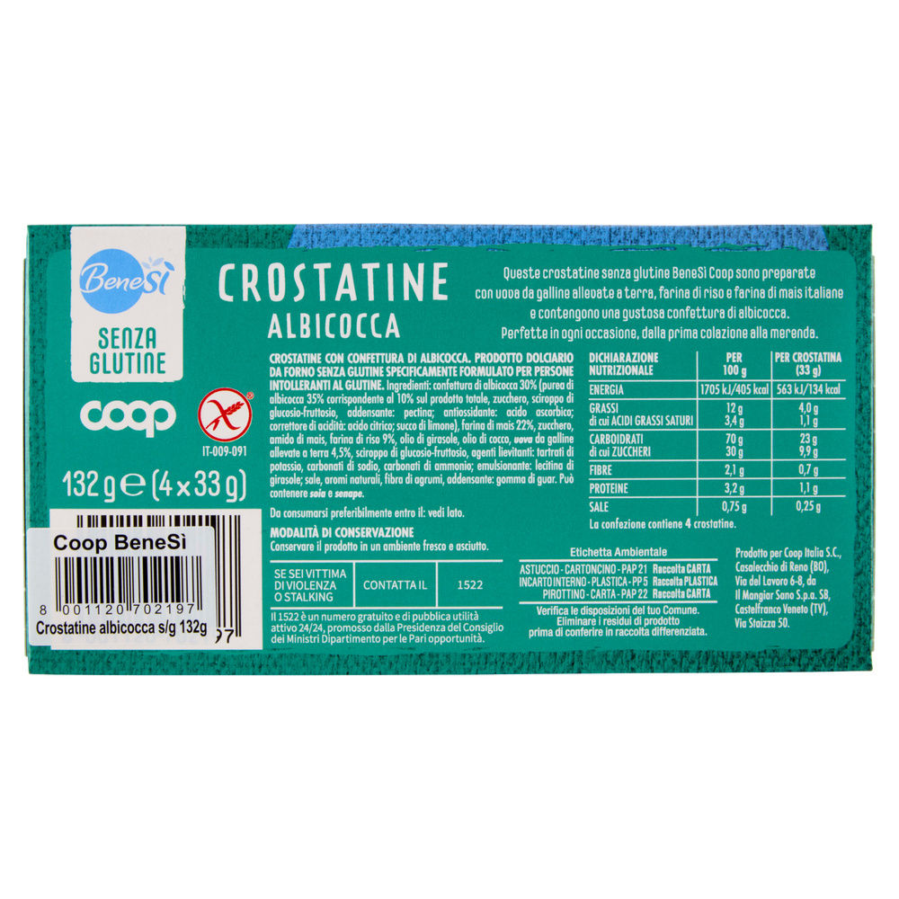 CROSTATINE CON ALBICOCCA SENZA GLUTINE BENE SI' COOP  G132 (G4 X 33) - 1