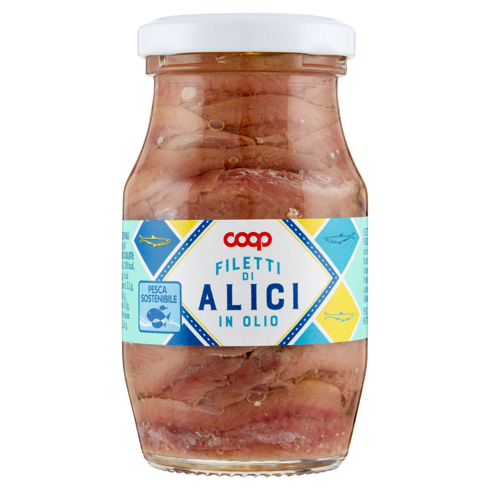 Filetti di alici coop distese olio blend evo + girasole vaso vetro g.150