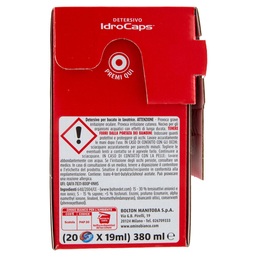 DETERSIVO LAVATRICE OMINO BIANCO CAPS SCIOGLI MACCHIE CARDBOARD 20CAPS KG 0,38 - 3