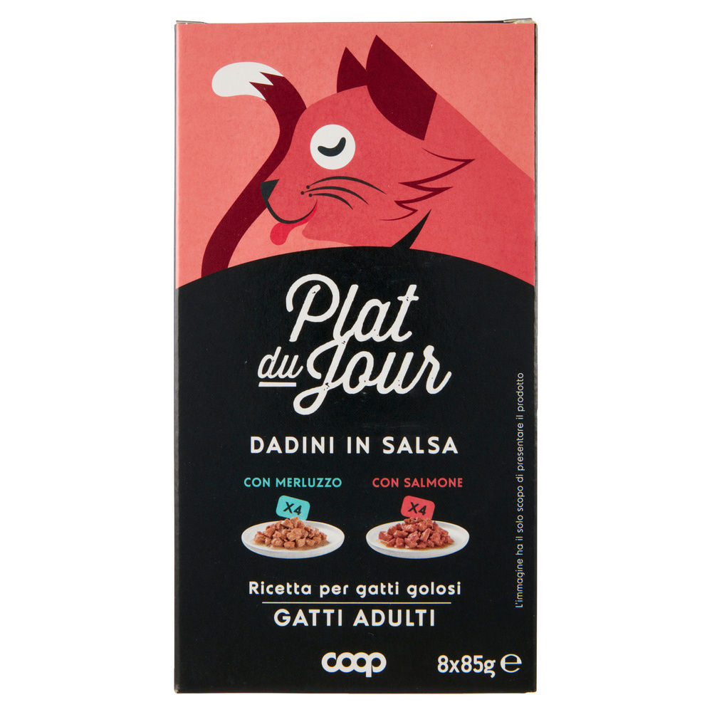 UMIDO GATTO MULTIPACK DADINI IN SALSA -4 MERL/4 SALM-PLAT DU JOUR COOP G85X8 - 2