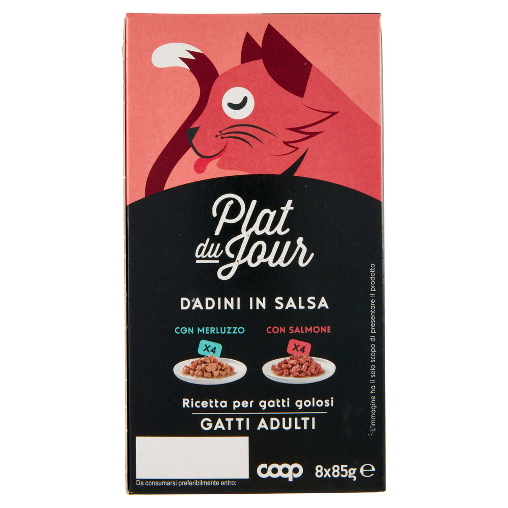 UMIDO GATTO MULTIPACK DADINI IN SALSA -4 MERL/4 SALM-PLAT DU JOUR COOP G85X8 - 4