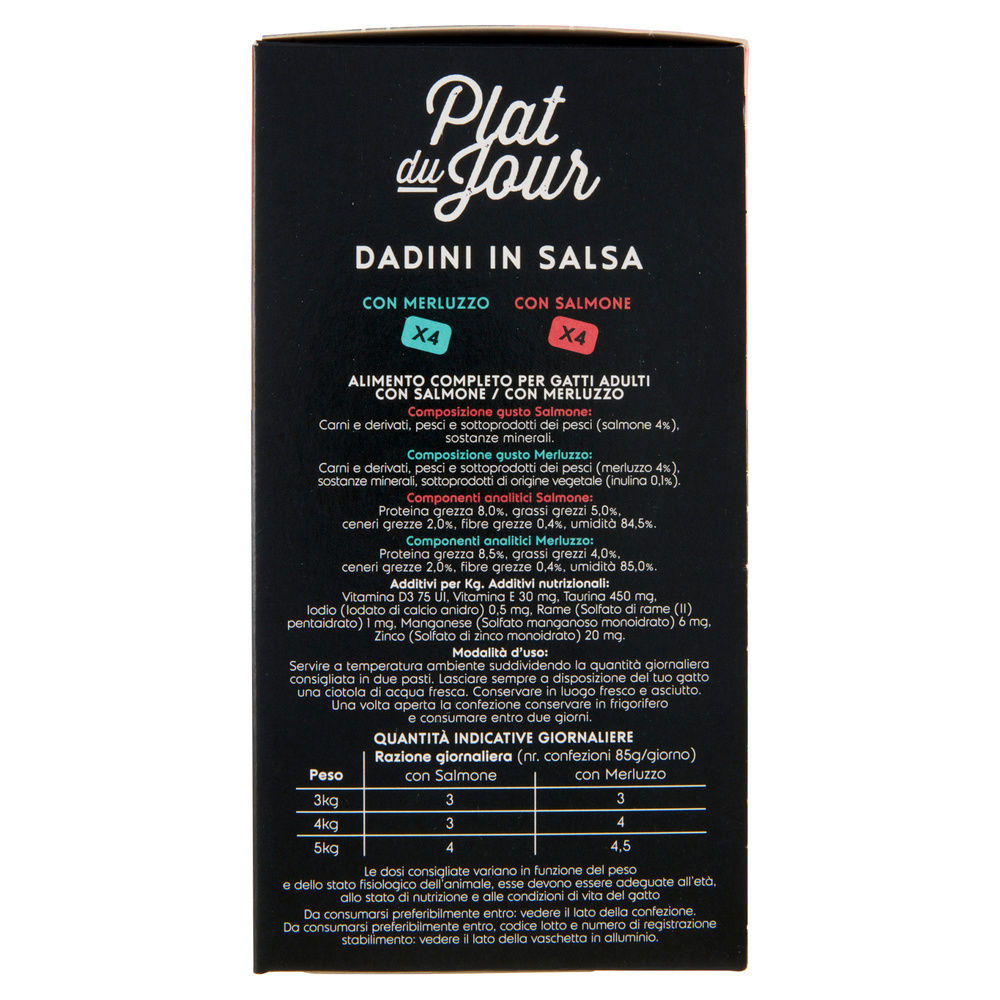 UMIDO GATTO MULTIPACK DADINI IN SALSA -4 MERL/4 SALM-PLAT DU JOUR COOP G85X8 - 5