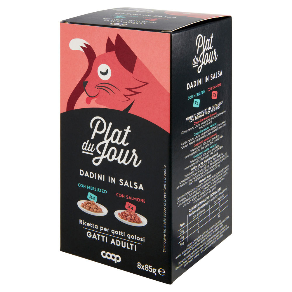 UMIDO GATTO MULTIPACK DADINI IN SALSA -4 MERL/4 SALM-PLAT DU JOUR COOP G85X8 - 8