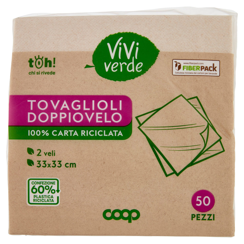 TOVAGLIOLI DOPPIOVELO COOP VIVI VERDE 2 VELI 33X33CM ECOLABEL FSC PZ 50 - 2
