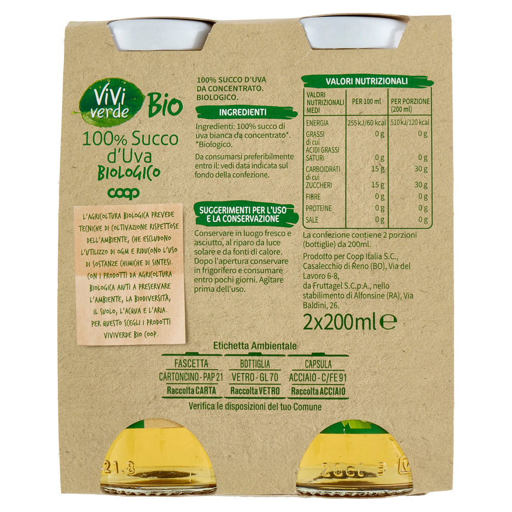 SUCCO D'UVA BIANCA VIVIVERDE BIO COOP CLUSTER ML 200 X 2 - 4