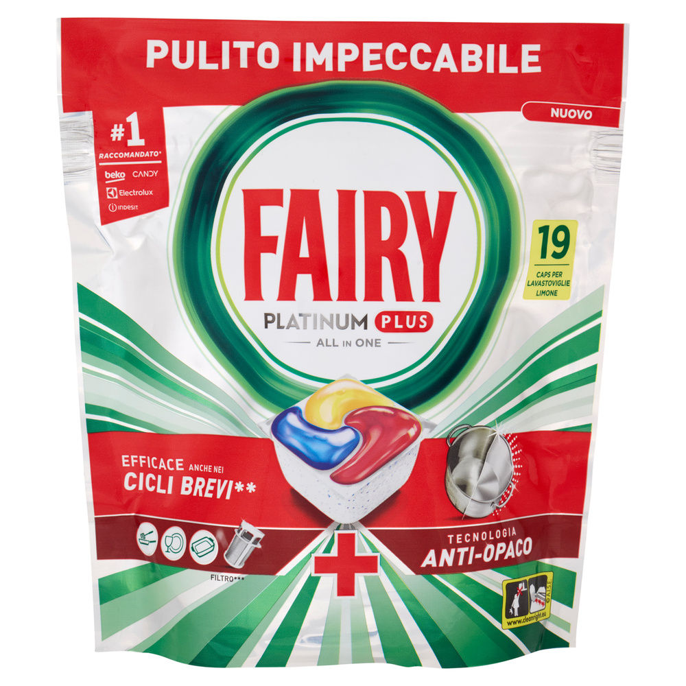 DETERSIVO LAVASTOVIGLIE FAIRY PLATINUM PLUS ALL IN ONE ANTI OPACO 19CPS G 295 - 0