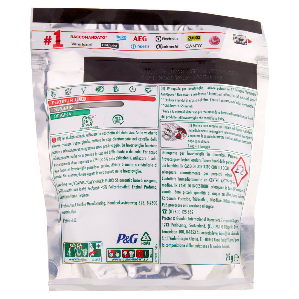 DETERSIVO LAVASTOVIGLIE FAIRY PLATINUM PLUS ALL IN ONE ANTI OPACO 19CPS G 295 - 1
