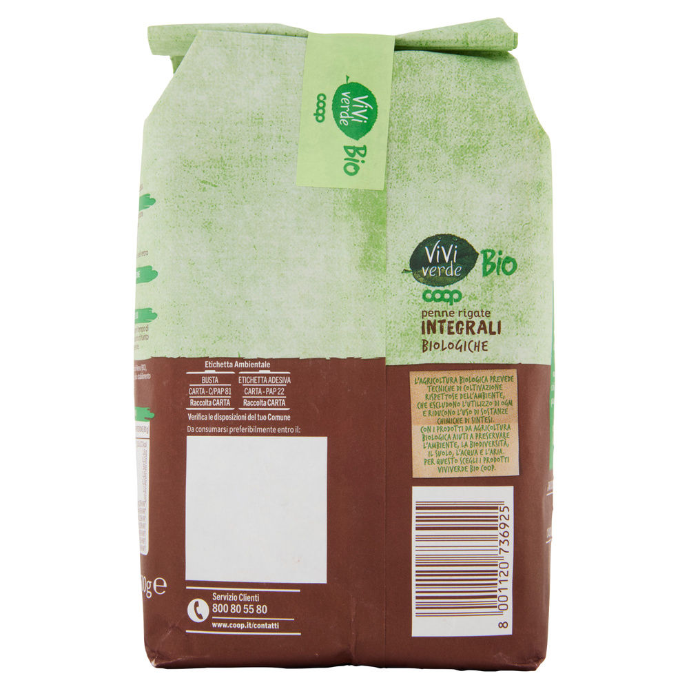 PASTA DI SEMOLA PENNE RIGATE INTEGRALI VIVIVERDE COOP G500 - 6