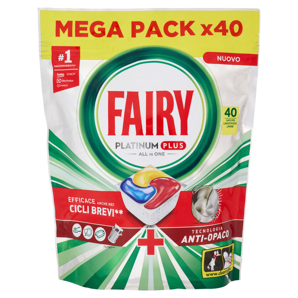 DETERSIVO LAVASTOVIGLIE FAIRY PLATINUM PLUS ALL IN ONE ANTI OPACO 40CAPS G 620 - 0