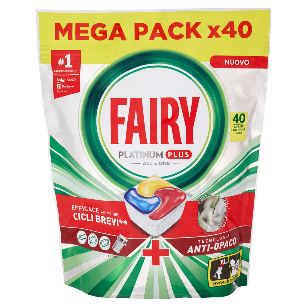 DETERSIVO LAVASTOVIGLIE FAIRY PLATINUM PLUS ALL IN ONE ANTI OPACO 40CAPS G 620 - 7