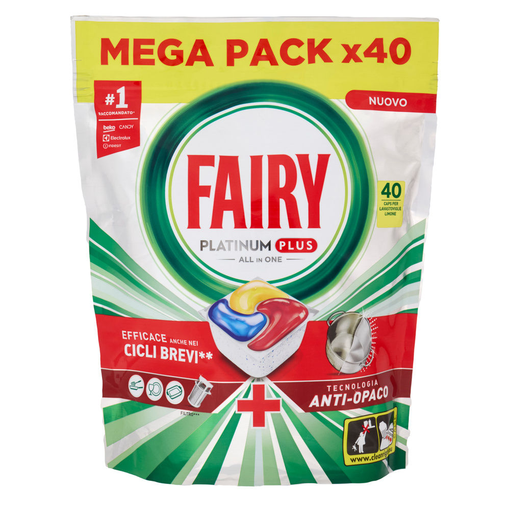 DETERSIVO LAVASTOVIGLIE FAIRY PLATINUM PLUS ALL IN ONE ANTI OPACO 40CAPS G 620 - 6
