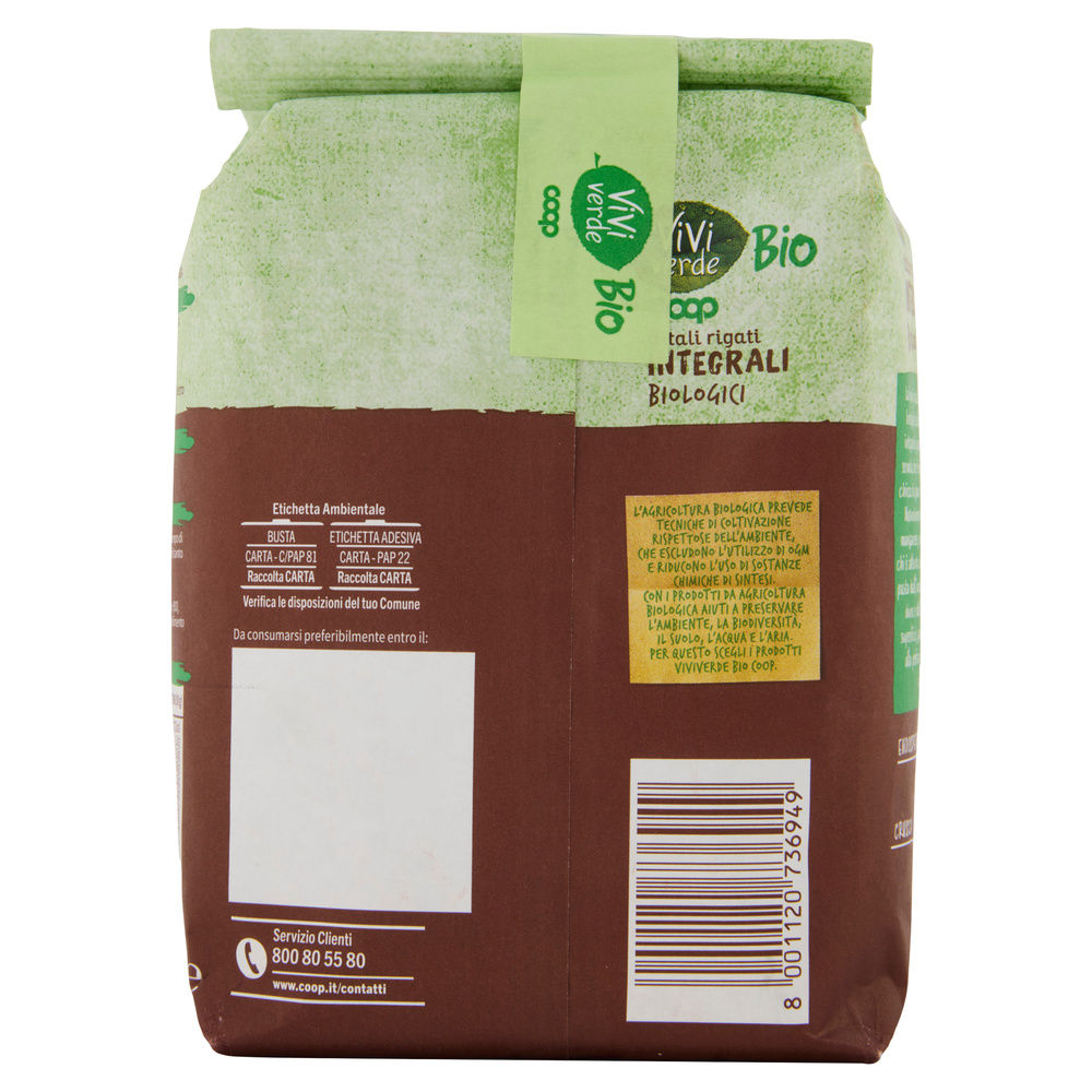 PASTA DI SEMOLA DITALI RIGATI INTEGRALI VIVIVERDE COOP G500 - 5
