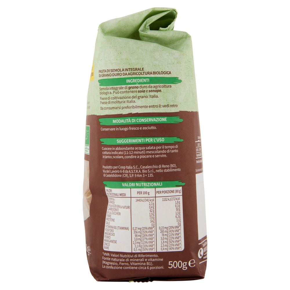 PASTA DI SEMOLA DITALI RIGATI INTEGRALI VIVIVERDE COOP G500 - 4