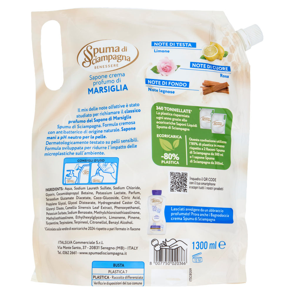 SAPONE CREMA SPUMA DI SCIAMPAGNA ECORICARICA MARSIGLIA L 1,30 - 1