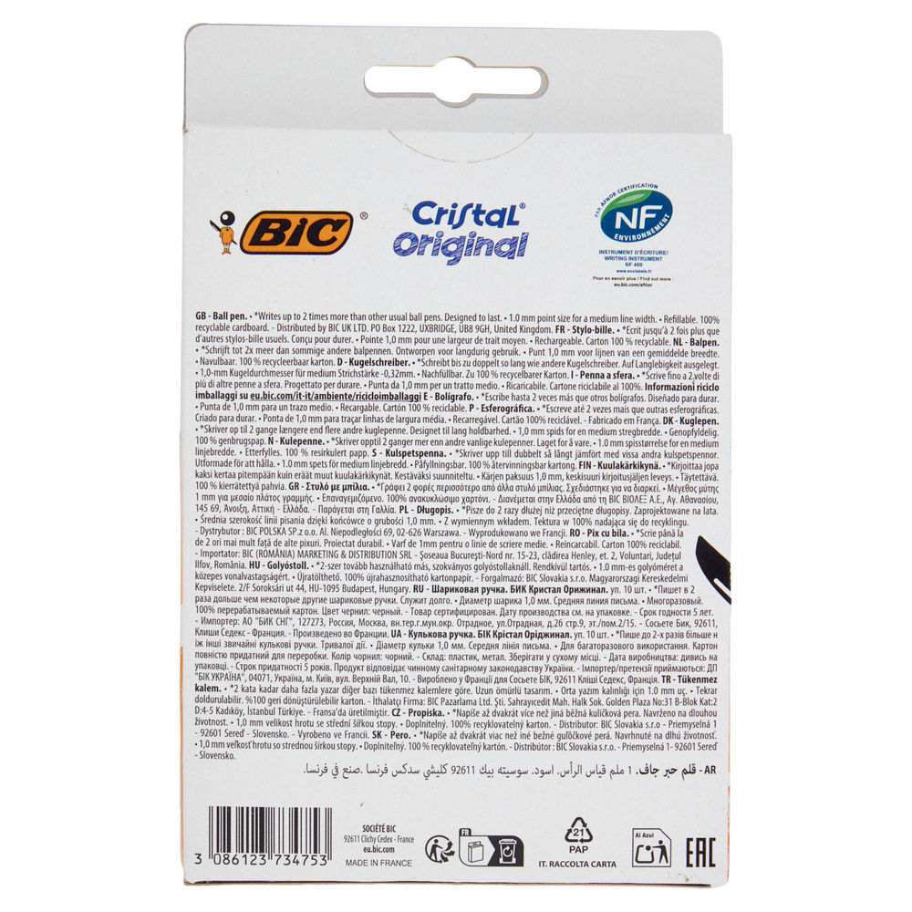 10 PENNE A SFERA BIC CRISTAL ORIGINAL P.MEDIA NERO - 5