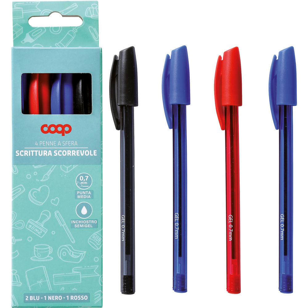 4 PENNE SEMIGEL COOP 0,7 MM (2 BLU, 1 NERO, 1 ROSSO) - 1