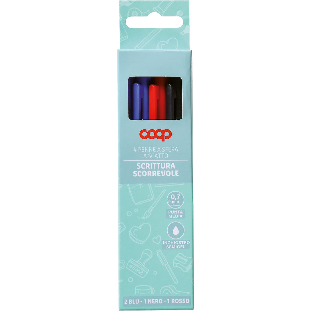 4 penne semigel a scatto coop 0,7 mm (2 blu, 1 nero, 1 rosso)