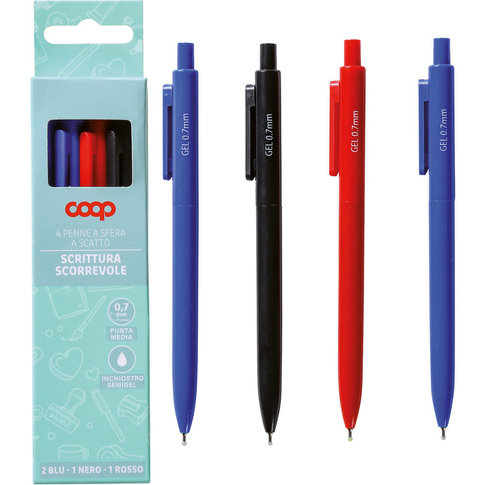 4 PENNE SEMIGEL A SCATTO COOP 0,7 MM (2 BLU, 1 NERO, 1 ROSSO) - 1