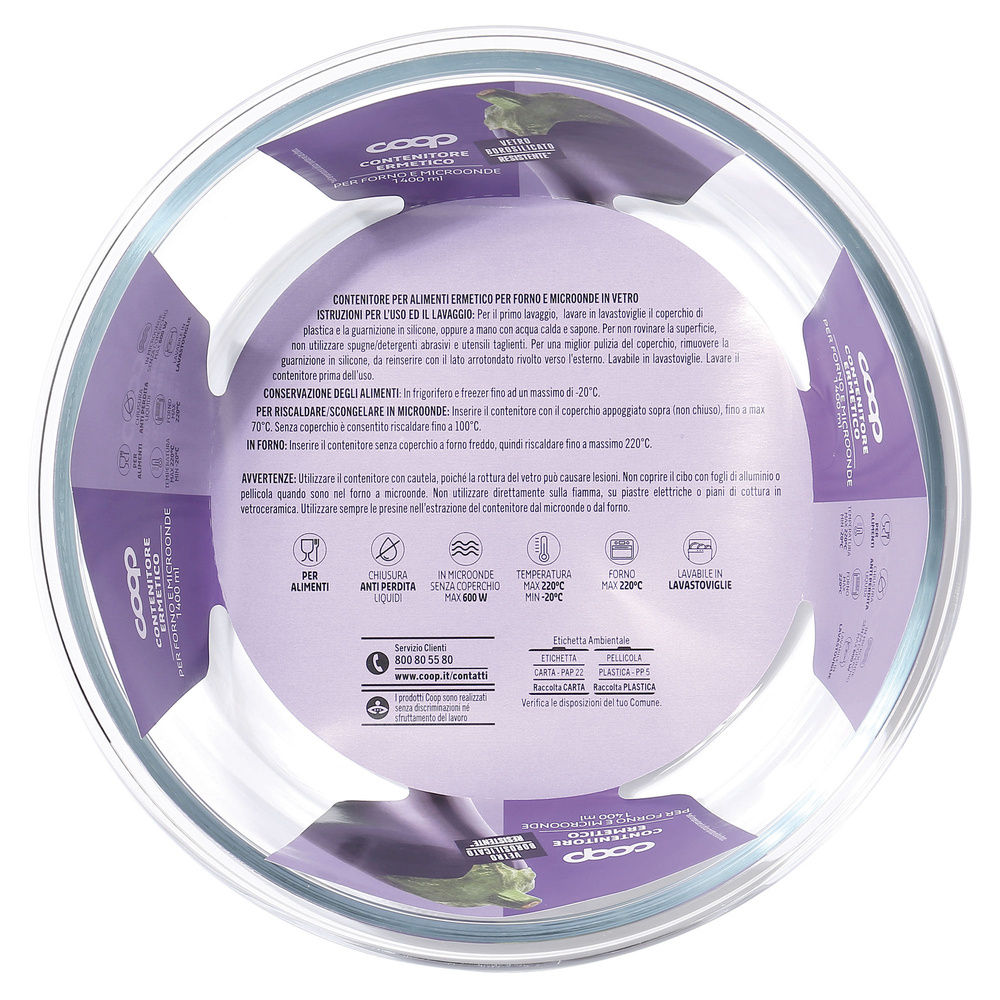 CONTENITORE TONDO VETRO BOROSILICATO C/ALETTE 1400ML COOP - 2