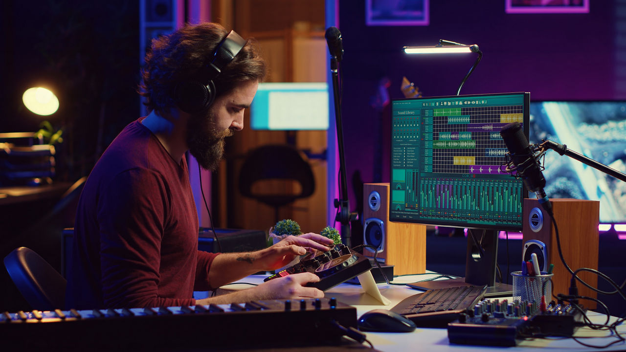 Artist improving the sound quality of audio recordings in home studio, handling mixing console and controls. Producer uses his creative vision to manipulate sounds, audio equipment. Camera A.