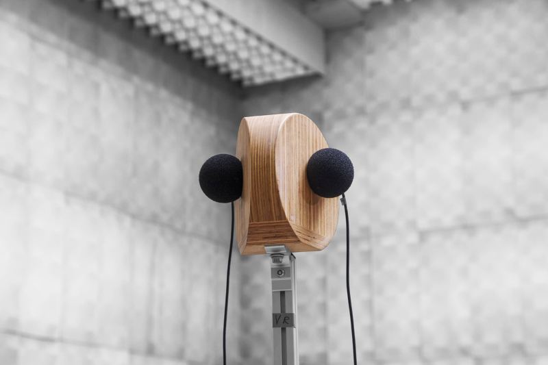 Stativ mit einer Holzscheibe, an der zwei Mikrofone angebracht sind