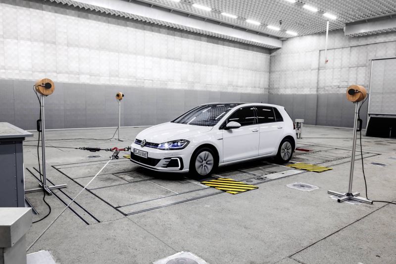 A Volkswagen on a dynamometer in the exterior noise hall