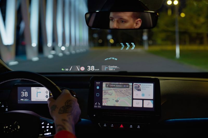 View through the windscreen of the VW ID.3 with augmented reality head-up display