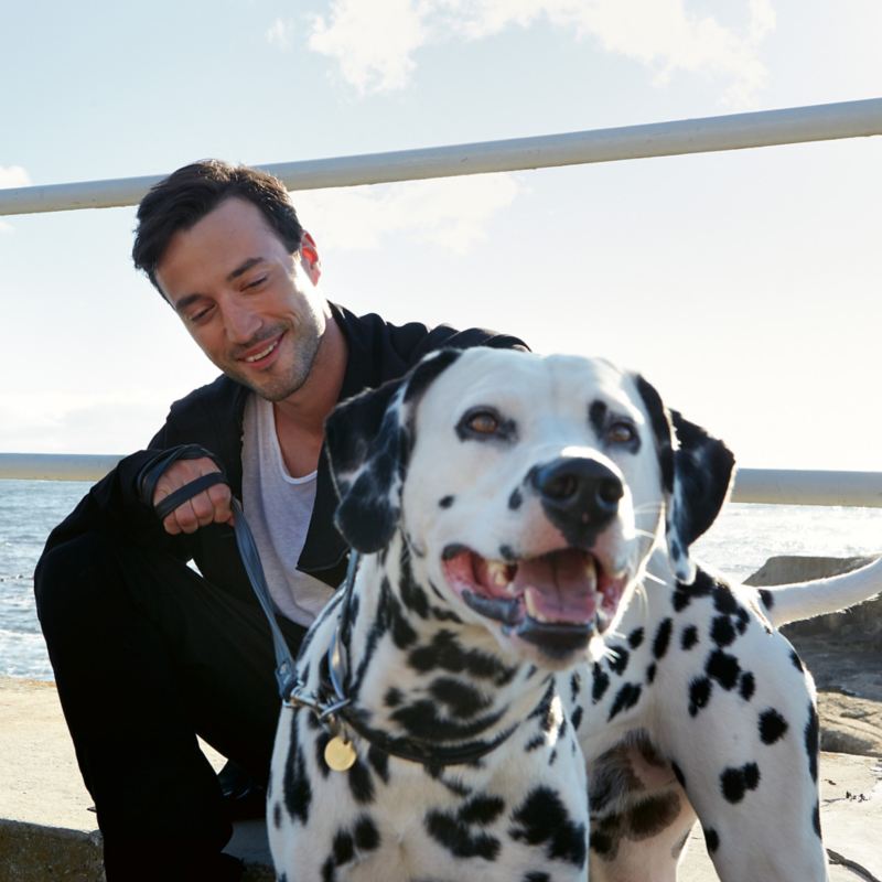 Mies koiran kanssa rannalla