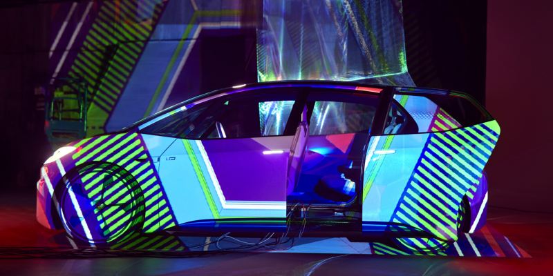 The ID. concept car covered with graphical projections