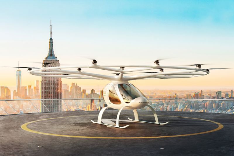 Il drone taxi Volocopter sul tetto di un edificio